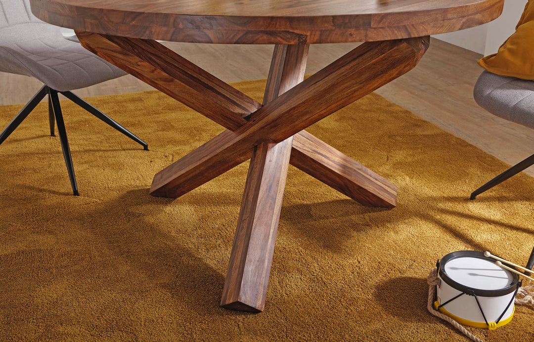 Esstisch TEKO_ Massivholz Rund_ 120 cm Durchmesser_ Sheesham Holz_ Kreuzbeine_ Handgefertigt - KADIMA DESIGN_Farbe_ Braun_ Größe_ 120x120x75 cm_
