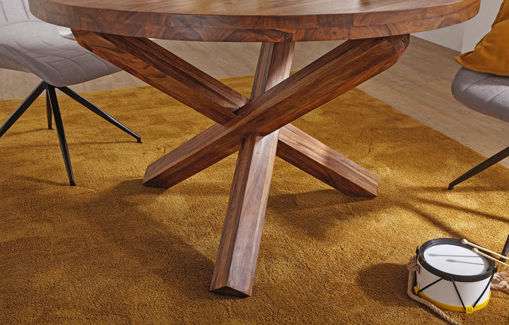 Esstisch TEKO_ Massivholz Rund_ 120 cm Durchmesser_ Sheesham Holz_ Kreuzbeine_ Handgefertigt - KADIMA DESIGN_Farbe_ Braun_ Größe_ 120x120x75 cm_