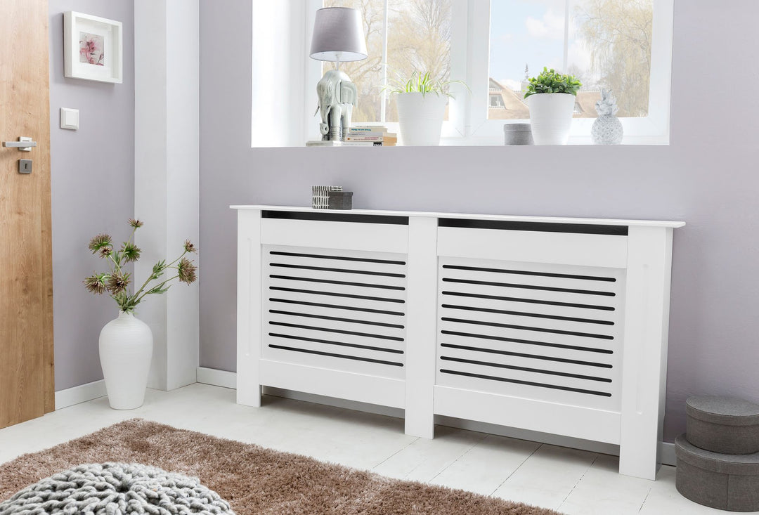 Moderne Heizkörperverkleidung mit Lamellenoptik aus wärmebeständigem MDF_ Weiß - KADIMA DESIGN_Größe_ 78x19x82 cm_