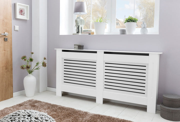 Moderne Heizkörperverkleidung mit Lamellenoptik aus wärmebeständigem MDF_ Weiß - KADIMA DESIGN_Größe_ 78x19x82 cm_