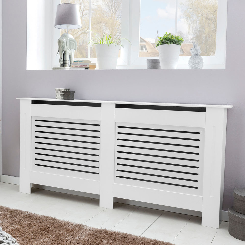 Moderne Heizkörperabdeckung mit Lamellenmuster_ Elegante Lösung zur Verbesserung der Raumgestaltung_ Weiß - KADIMA DESIGN_Größe_ 152x19x83 cm_