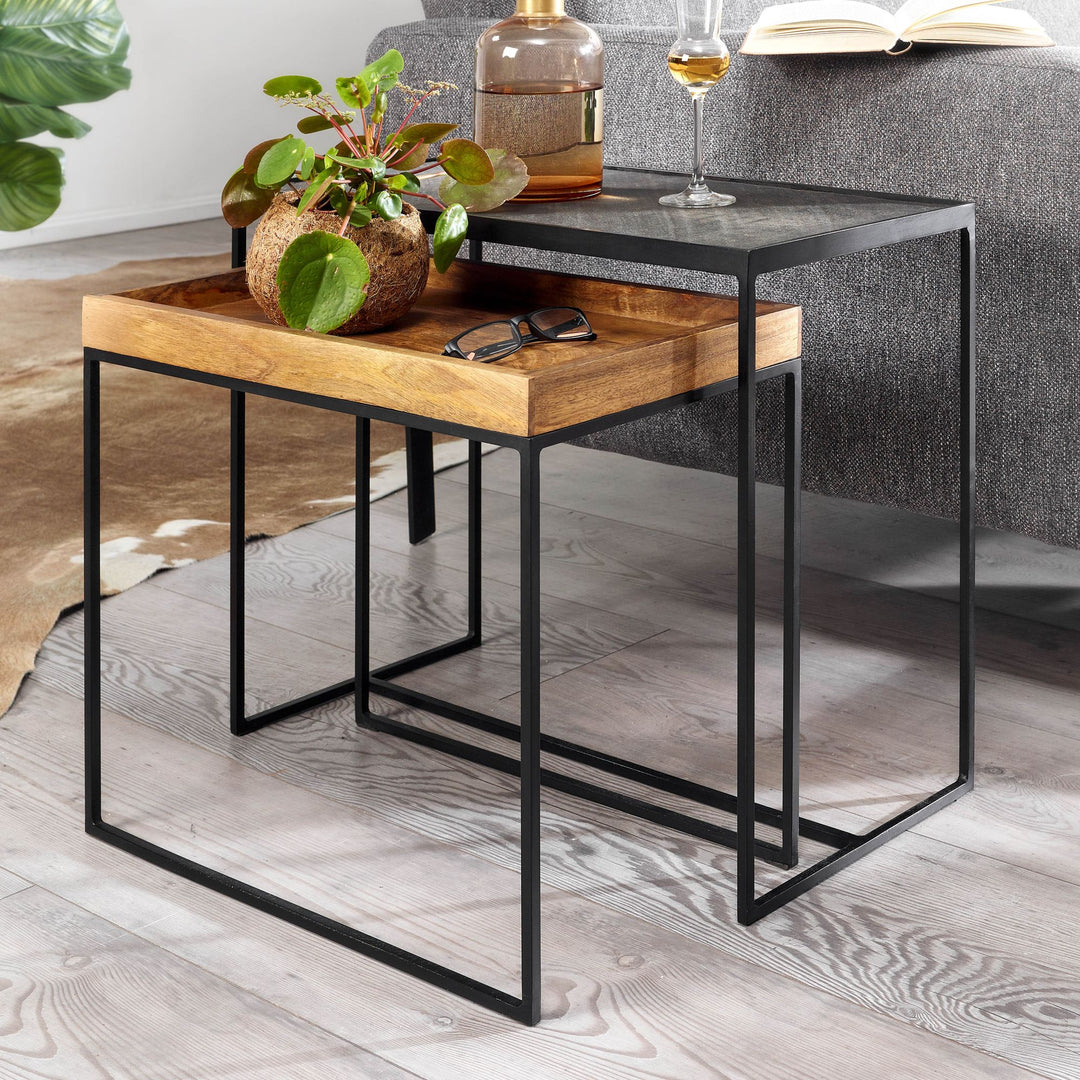 Industrielle Beistelltisch Set_ Mango Massivholz_ Eisen_ Anthrazit/Braun - KADIMA DESIGN_Größe_ 60x30x50 cm_