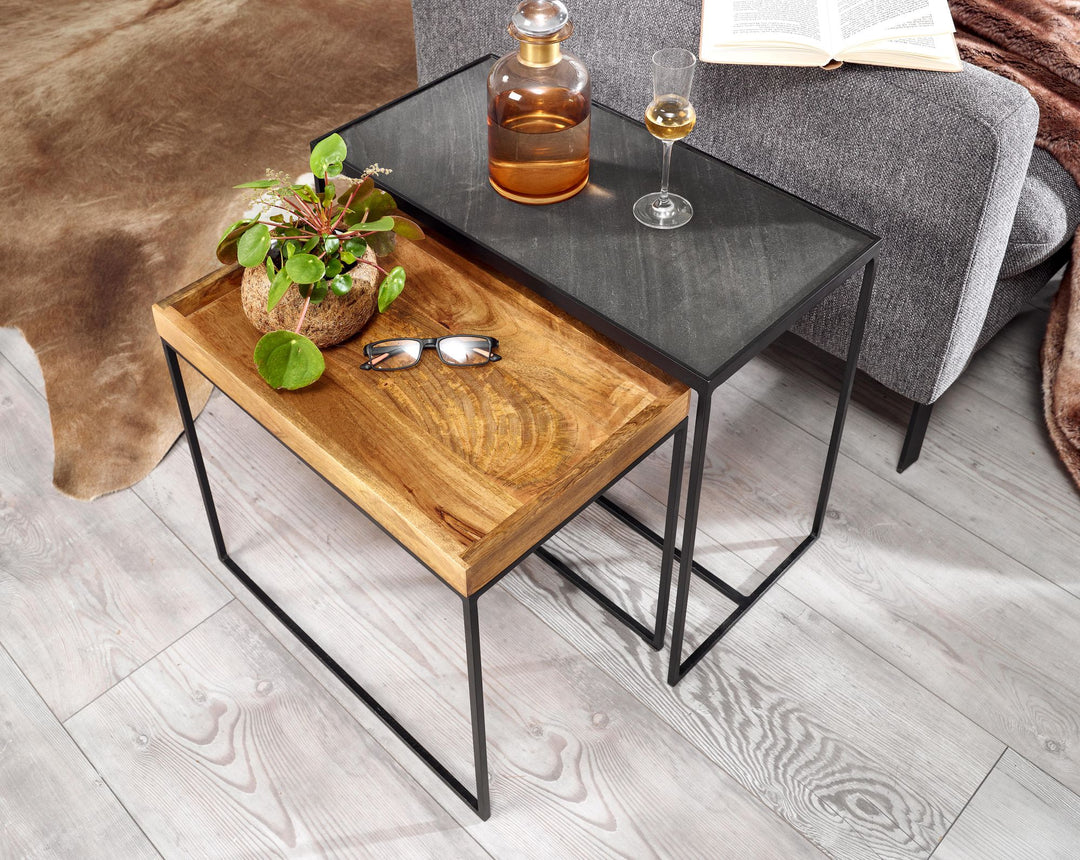 Industrielle Beistelltisch Set_ Mango Massivholz_ Eisen_ Anthrazit/Braun - KADIMA DESIGN_Größe_ 60x30x50 cm_