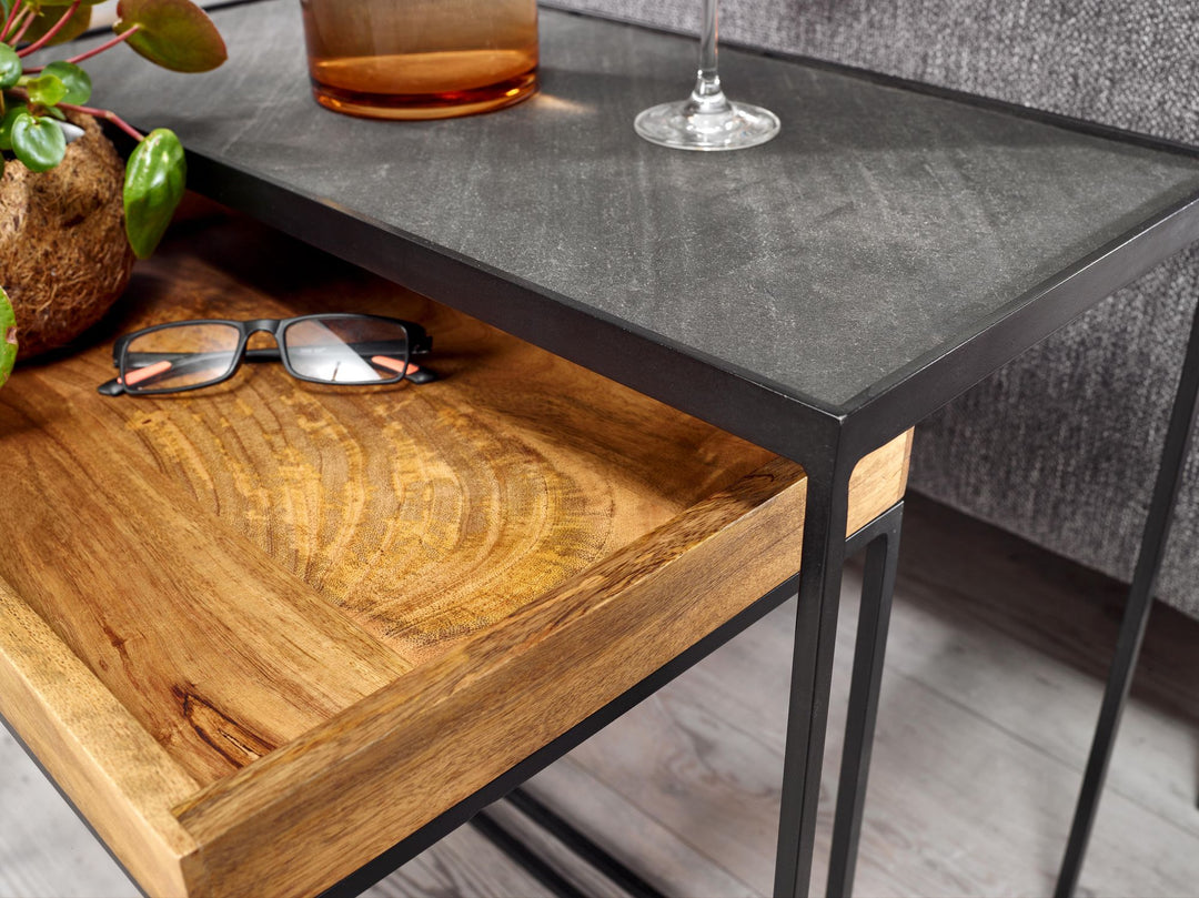 Industrielle Beistelltisch Set_ Mango Massivholz_ Eisen_ Anthrazit/Braun - KADIMA DESIGN_Größe_ 60x30x50 cm_