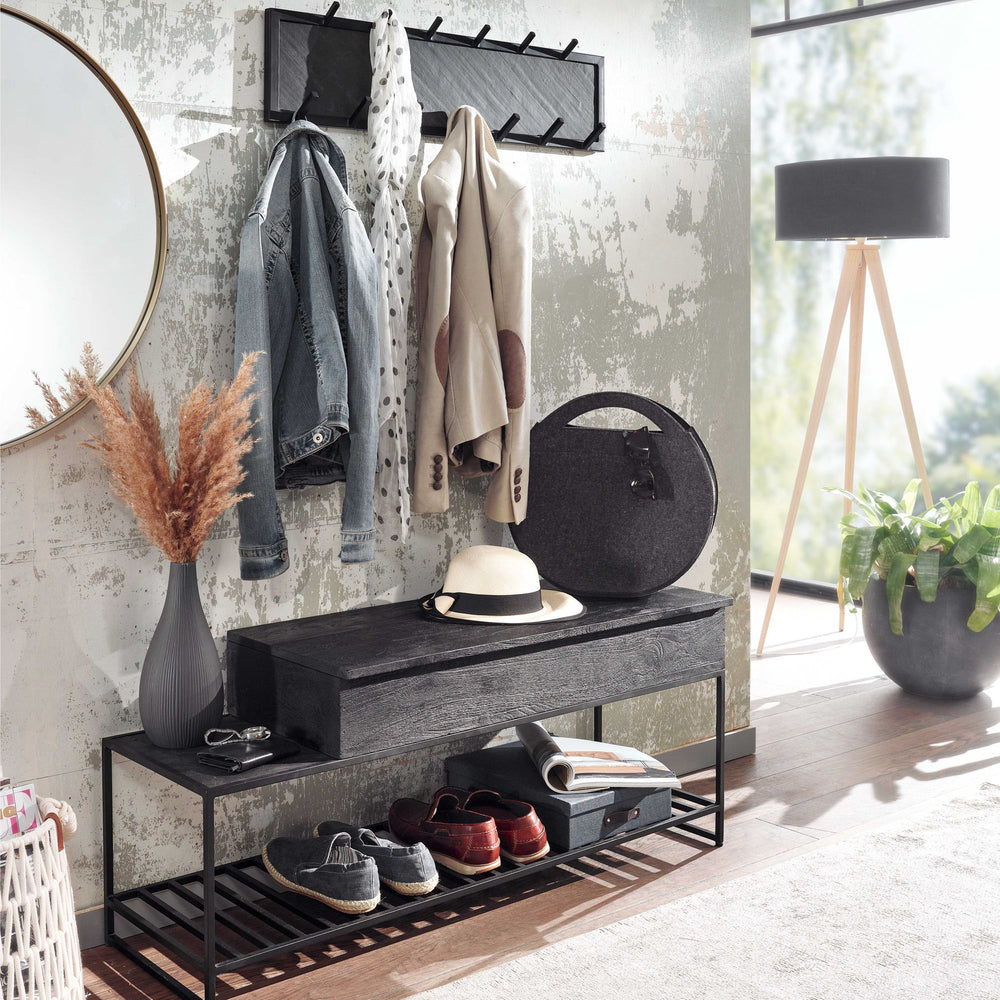 Industrial Garderoben-Set_ Mango Massivholz_ Wandgarderobe_ Sitzbank_ Regal - KADIMA DESIGN_Größe_ 110x37x70 cm_
