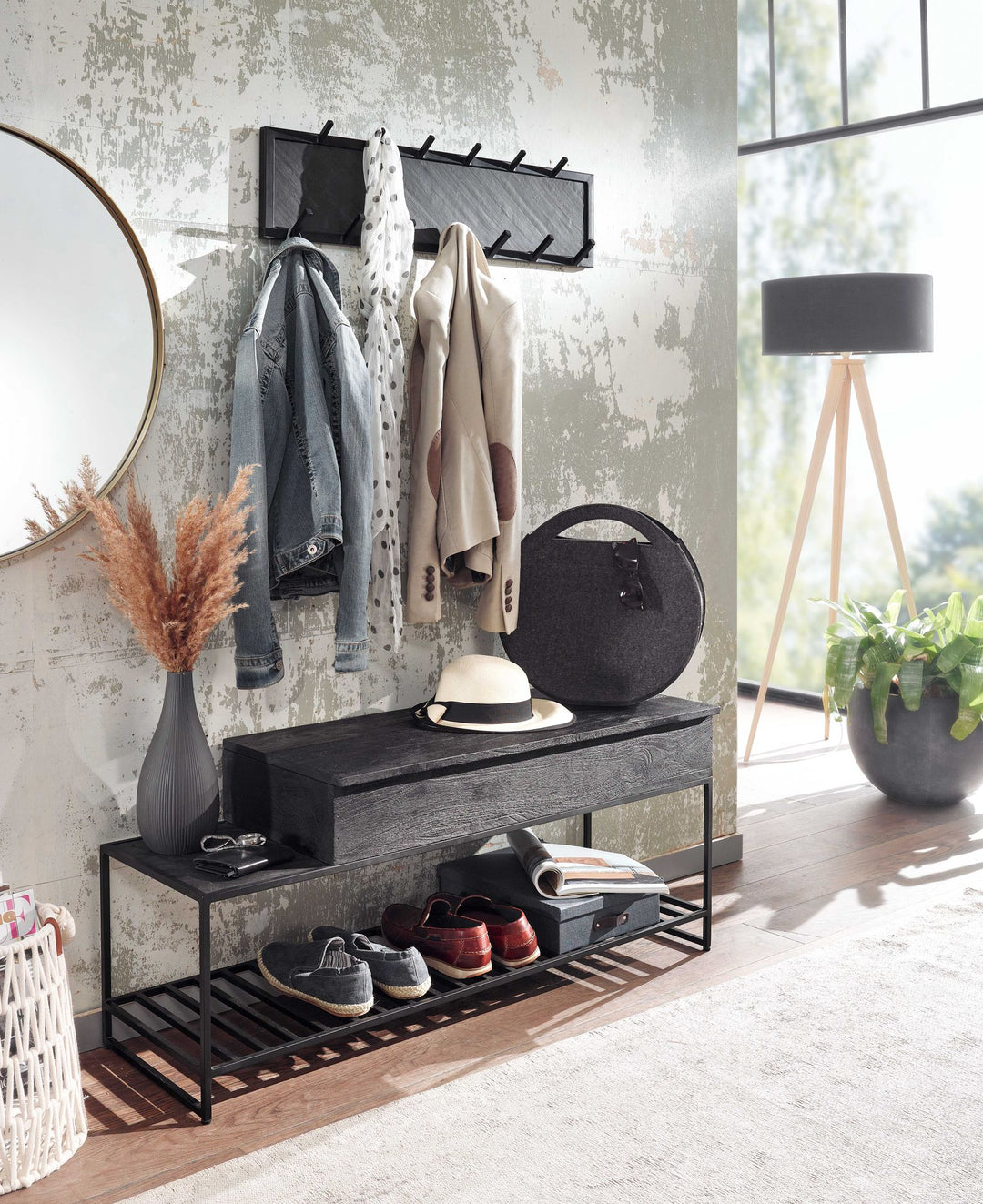 Industrial Garderoben-Set_ Mango Massivholz_ Wandgarderobe_ Sitzbank_ Regal - KADIMA DESIGN_Größe_ 110x37x70 cm_