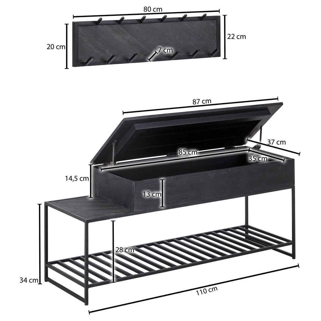 Industrial Garderoben-Set_ Mango Massivholz_ Wandgarderobe_ Sitzbank_ Regal - KADIMA DESIGN_Größe_ 110x37x70 cm_