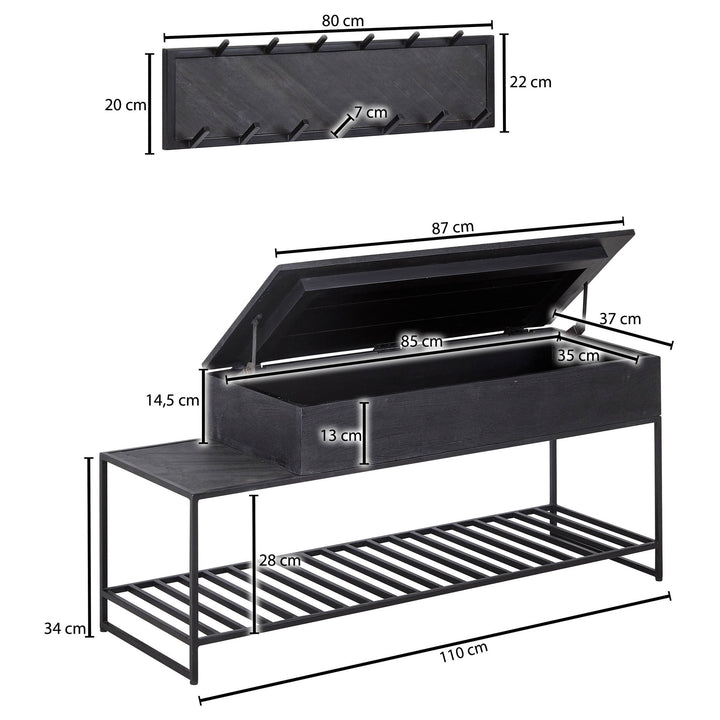 Industrial Garderoben-Set_ Mango Massivholz_ Wandgarderobe_ Sitzbank_ Regal - KADIMA DESIGN_Größe_ 110x37x70 cm_