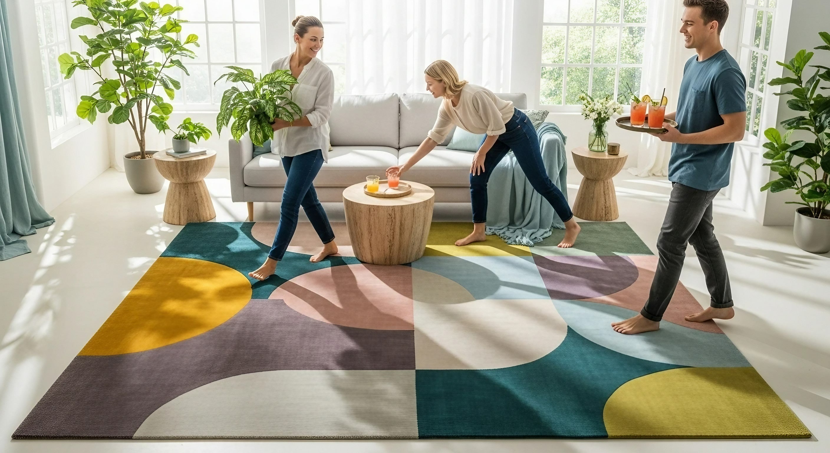 Bunter Designer-Teppich mit abstrakten geometrischen Formen in modernem Wohnzimmer - Kadima Design farbenfrohe Teppichkollektion