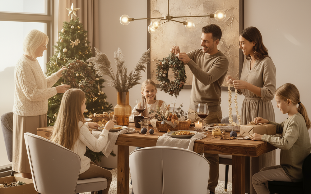 Weihnachtsdekoration Wohnzimmer - Familie am Holzesstisch mit modernen Möbeln und Teppich im skandinavischen Stil