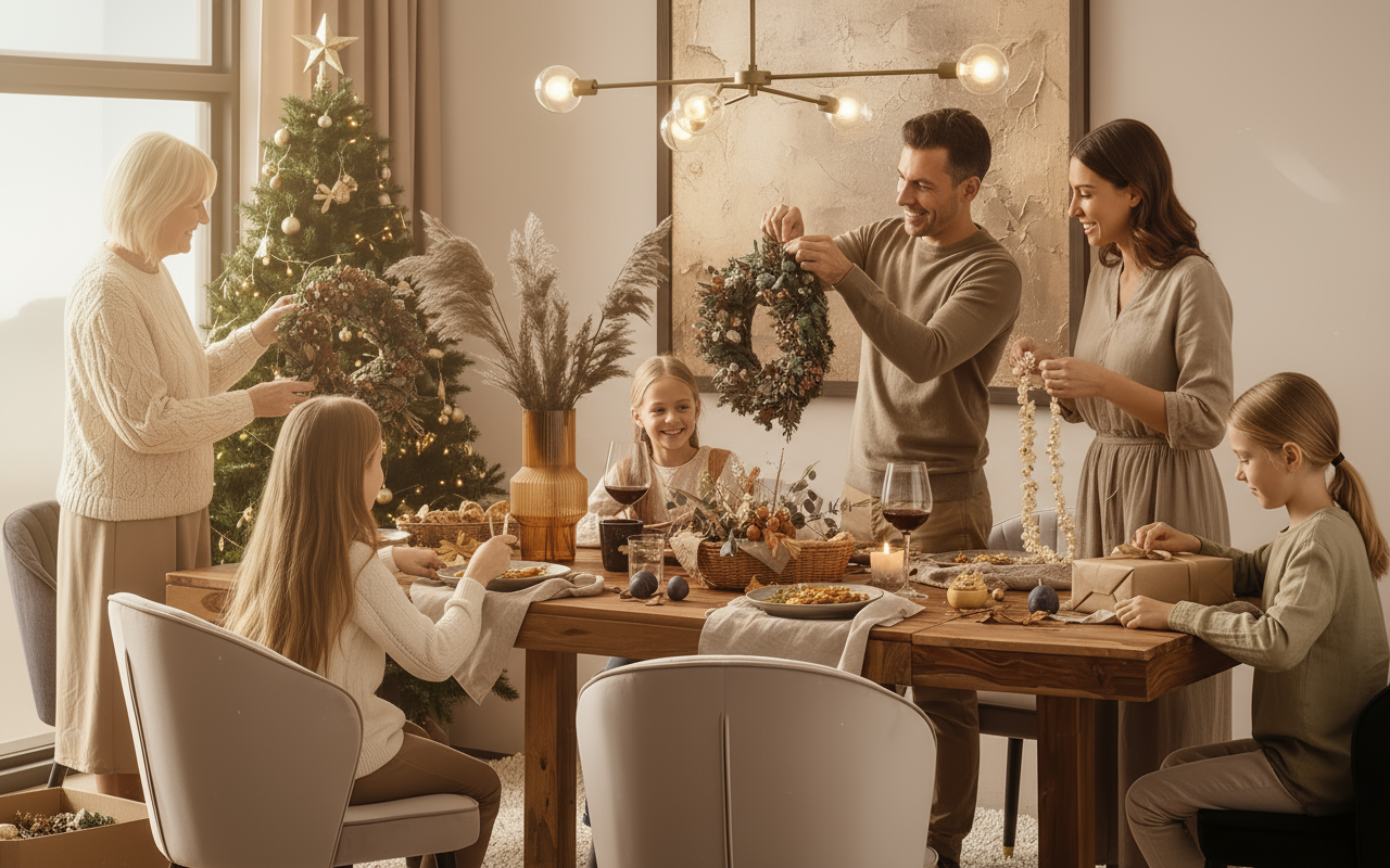 Weihnachtsdekoration Wohnzimmer - Familie am Holzesstisch mit modernen Möbeln und Teppich im skandinavischen Stil