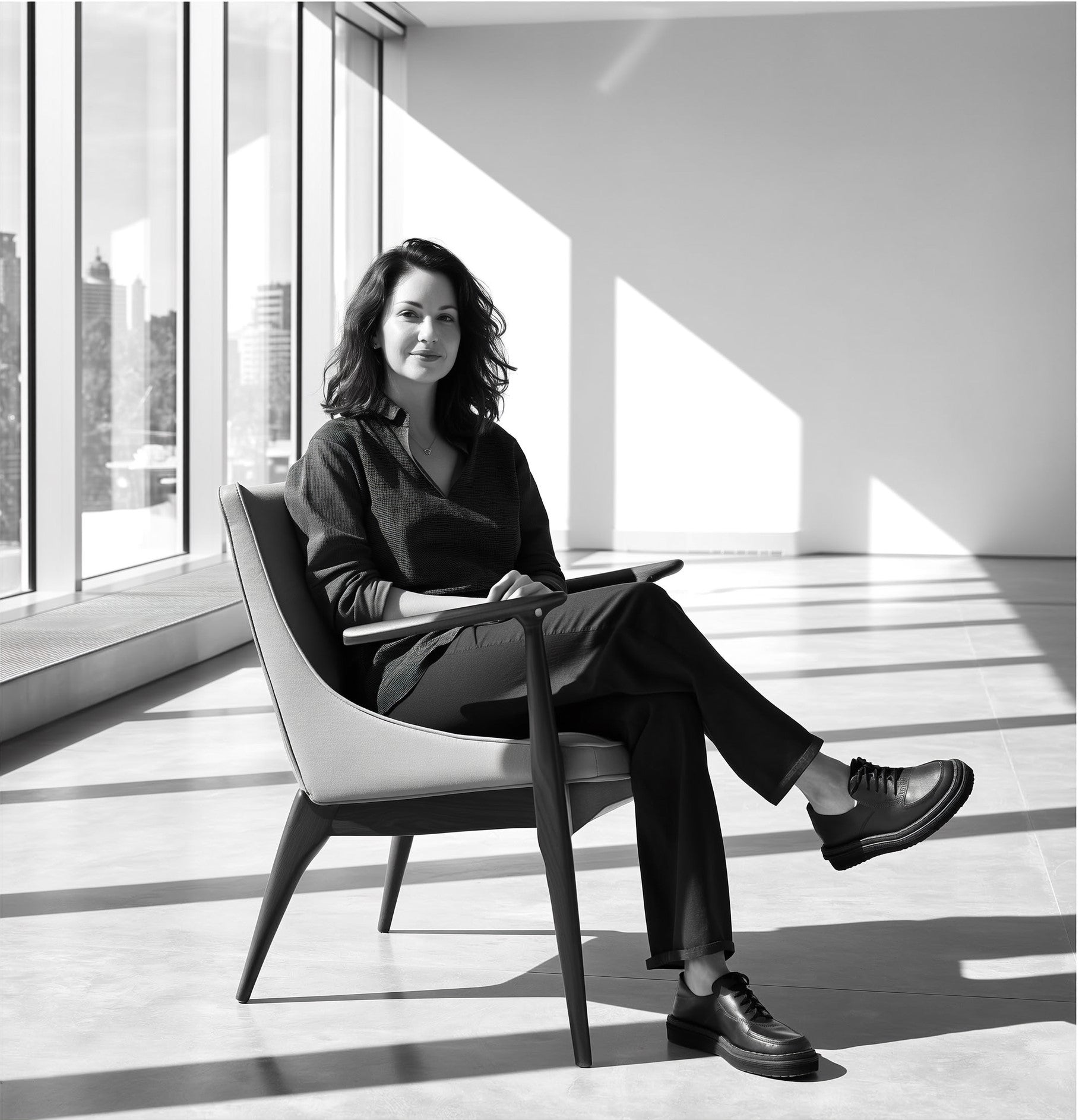 Kate Barengolz, Co-Ownerin und Kuratorin von Möbeln und Teppichen bei Kadima Design, in modernem Interiorsetting am Fenster