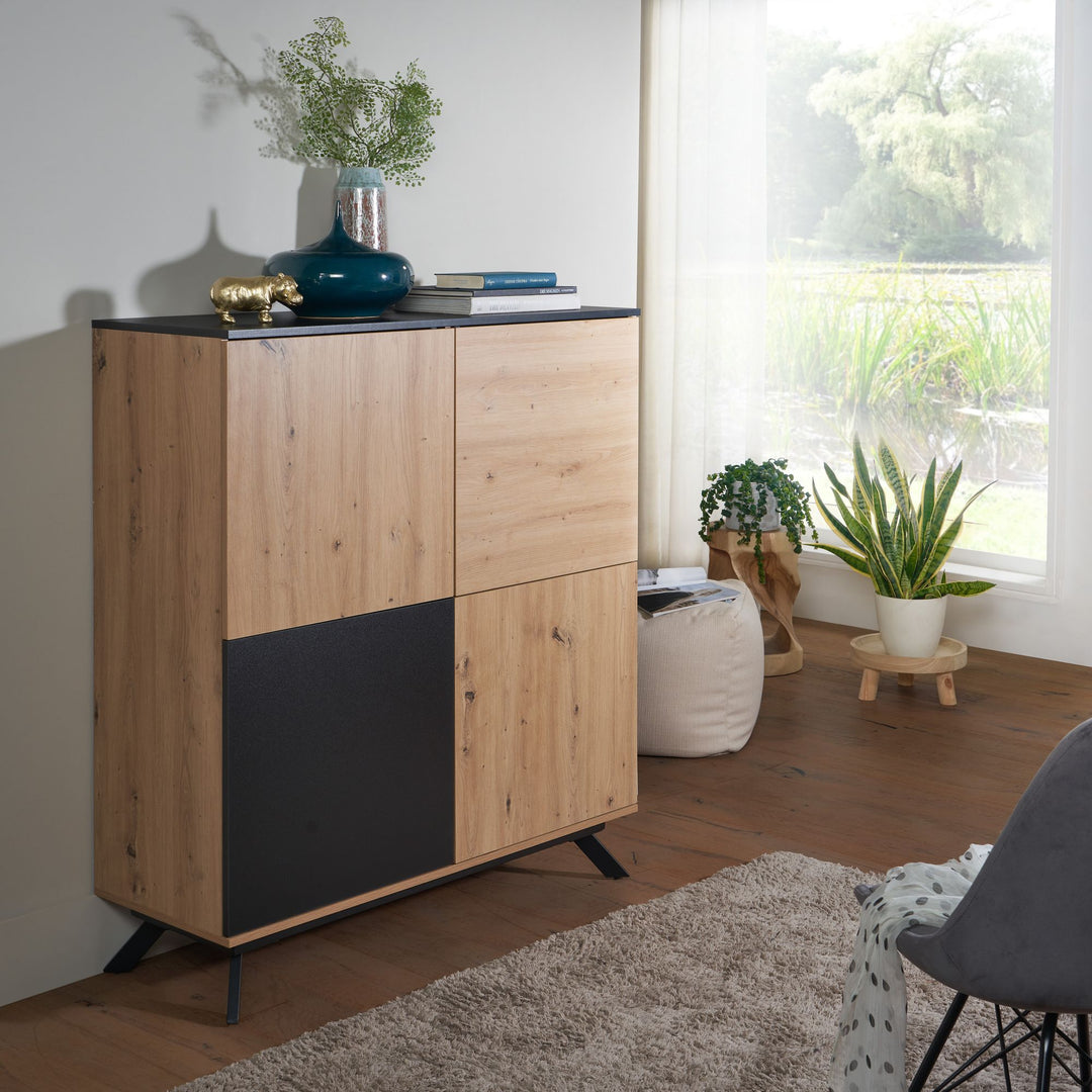 Eichendekor-Kommode mit schwarzem Standbein_ wasserabweisende Oberfläche_ viel Stauraum - KADIMA DESIGN_Größe_ 110x40x125 cm_
