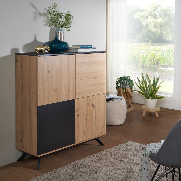 Eichendekor-Kommode mit schwarzem Standbein_ wasserabweisende Oberfläche_ viel Stauraum - KADIMA DESIGN_Größe_ 110x40x125 cm_