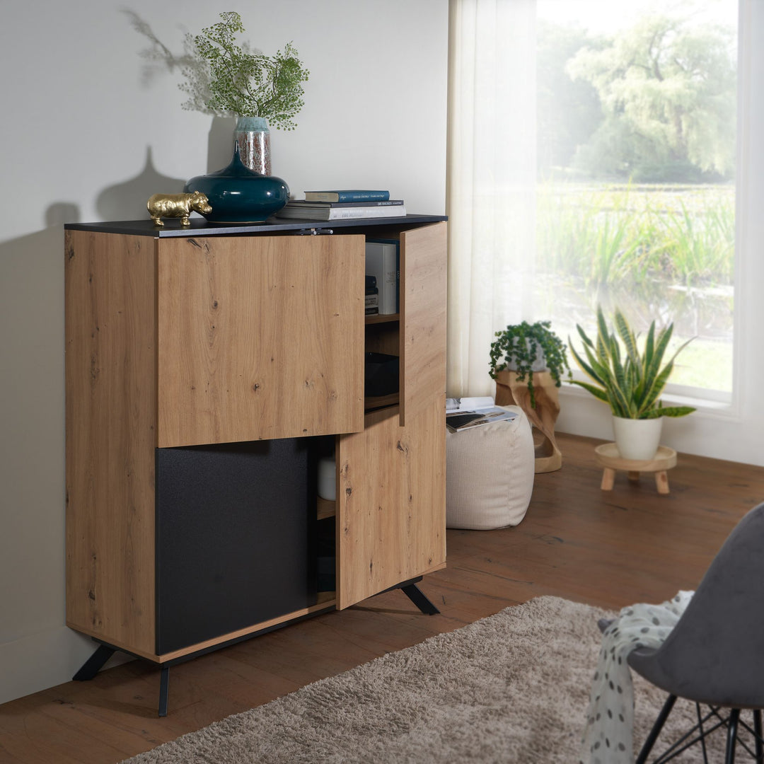 Eichendekor-Kommode mit schwarzem Standbein_ wasserabweisende Oberfläche_ viel Stauraum - KADIMA DESIGN_Größe_ 110x40x125 cm_
