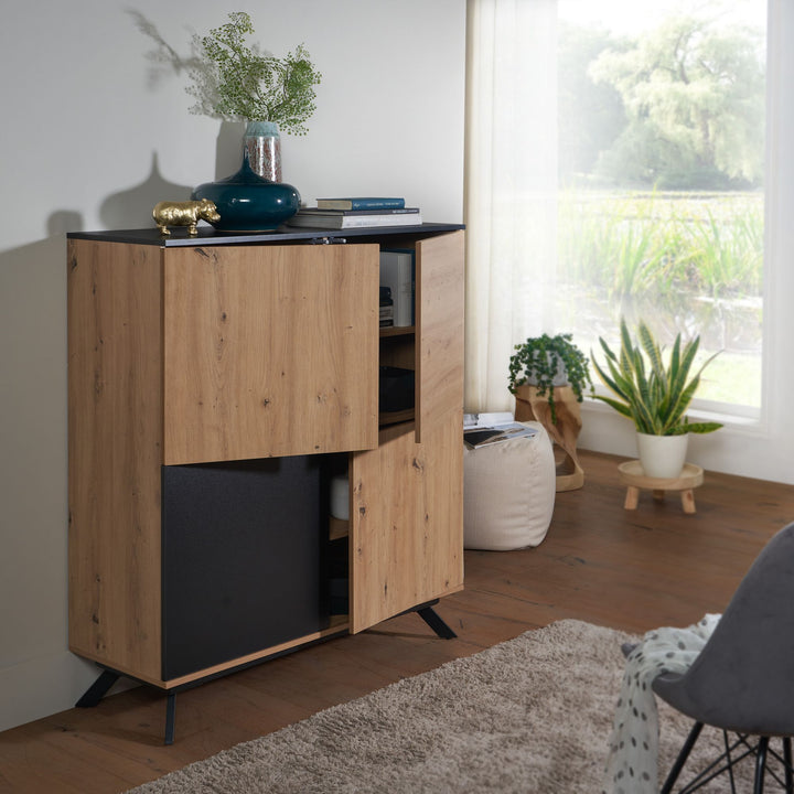 Eichendekor-Kommode mit schwarzem Standbein_ wasserabweisende Oberfläche_ viel Stauraum - KADIMA DESIGN_Größe_ 110x40x125 cm_