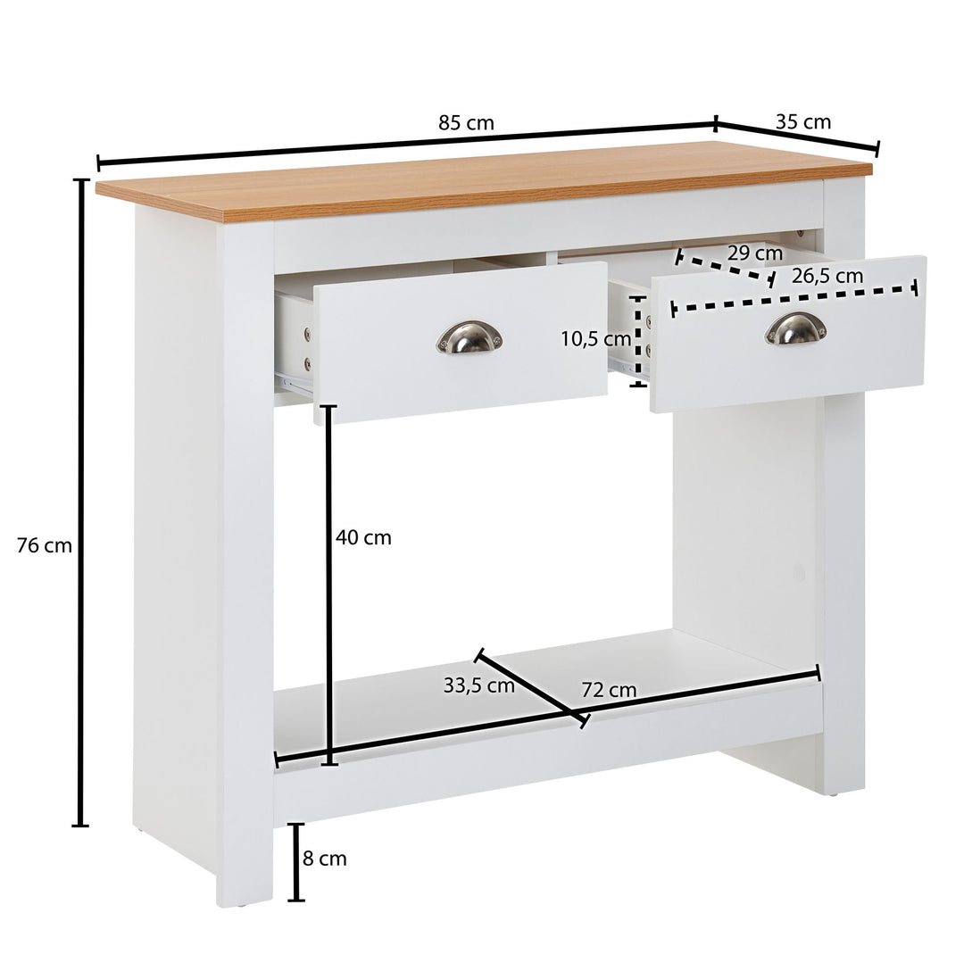Konsolentisch Eiche-Weiß_ 2 Schubladen_ Offenes Fach_ Melaminharzbeschichtung - KADIMA DESIGN_Größe_ 85x35x76 cm_