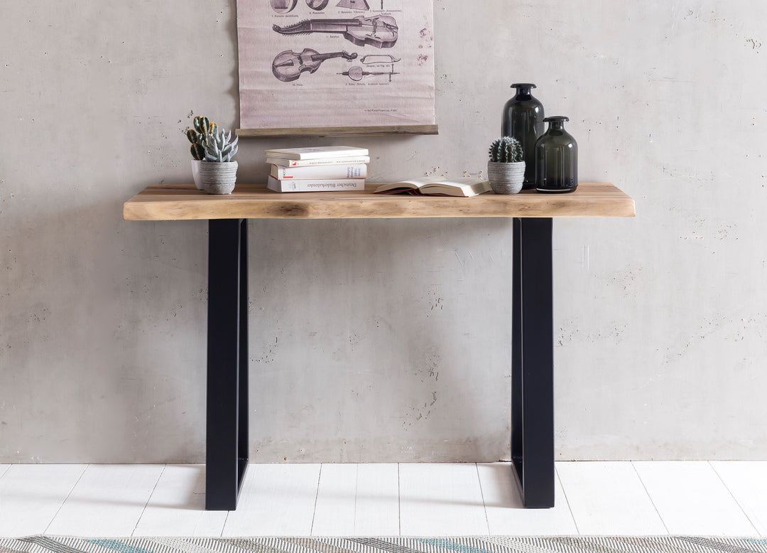 Landhausstil Konsolentisch Akazienholz - Vielseitig_ Robuste Metallfüße_ Unbehandeltes Holz_ Kompakt_ KADIMA DESIGN_Größe_ 120x45x75 cm_