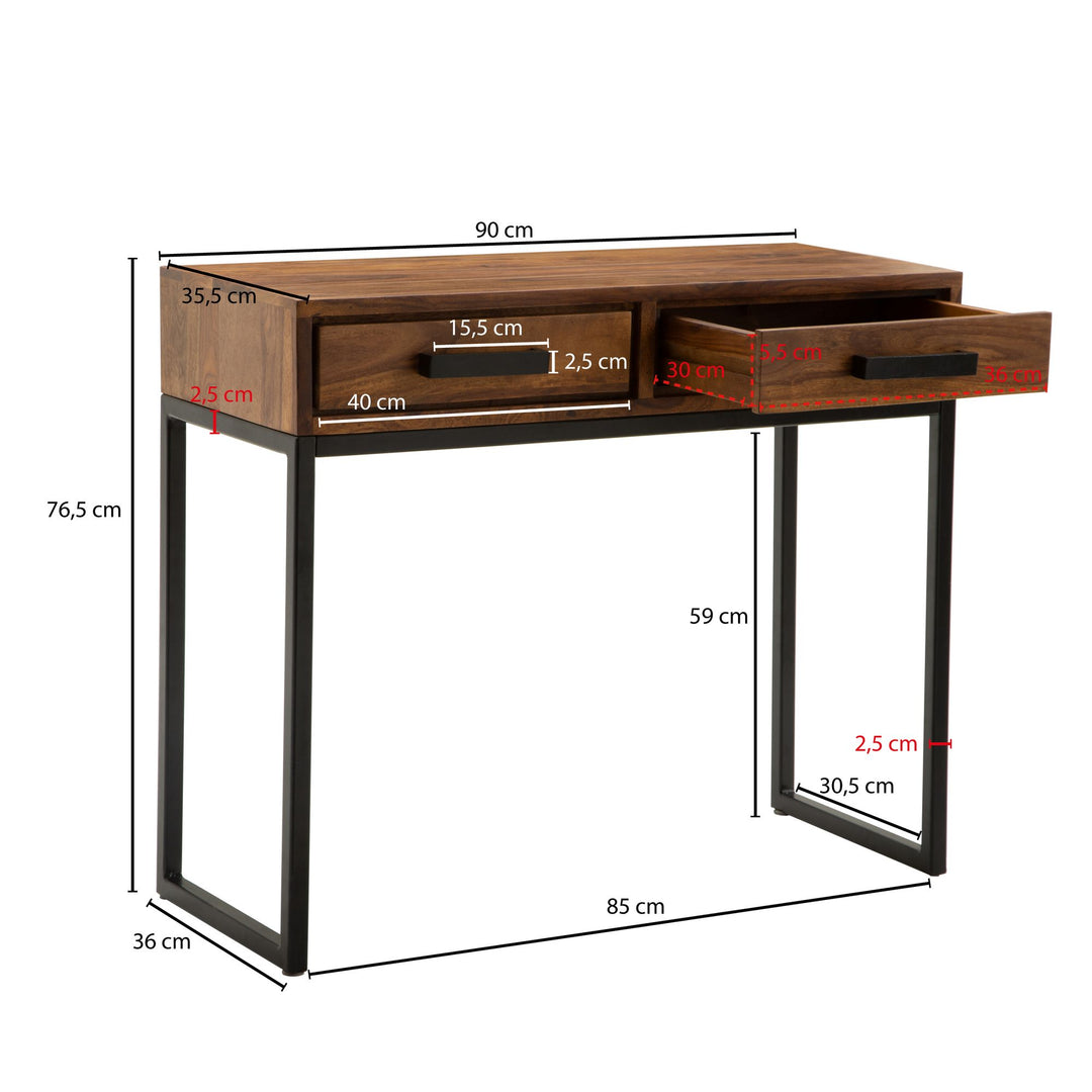 Massiver Sheeshamholz Konsolentisch mit schwarzen Metallbeinen_ Industrial Style_ geräumige Schubladen - KADIMA DESIGN_Größe_ 90x36x77 cm_