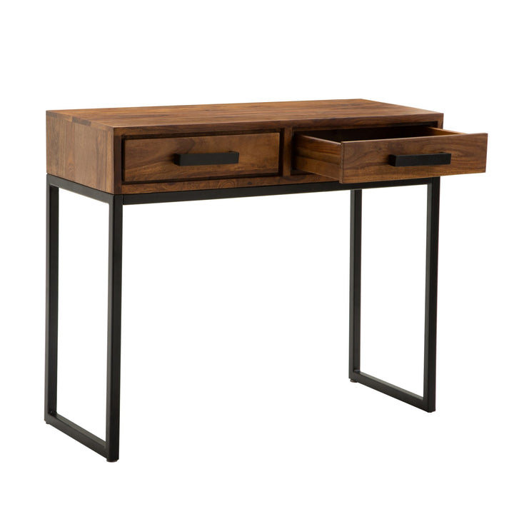 Massiver Sheeshamholz Konsolentisch mit schwarzen Metallbeinen_ Industrial Style_ geräumige Schubladen - KADIMA DESIGN_Größe_ 90x36x77 cm_