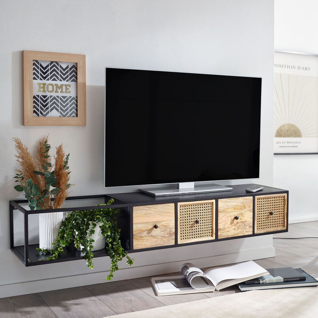 Lowboard Hängend Mango Massivholz/Metall_ TV-Schrank_ Schubladen &amp; Rattan-Fronten - KADIMA DESIGN_Größe_ 150x35x25 cm_