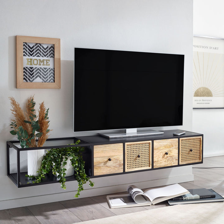 Lowboard Hängend Mango Massivholz/Metall_ TV-Schrank_ Schubladen &amp;amp; Rattan-Fronten - KADIMA DESIGN_Größe_ 150x35x25 cm_