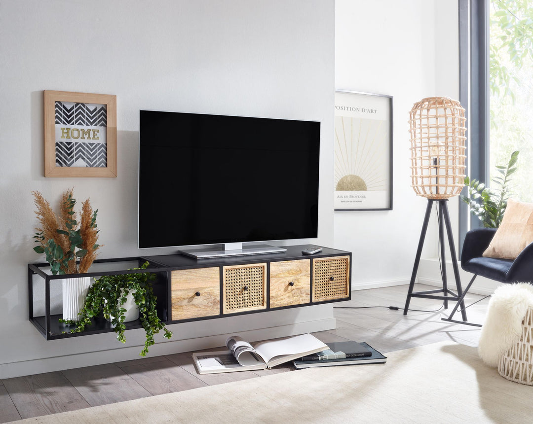 Lowboard Hängend Mango Massivholz/Metall_ TV-Schrank_ Schubladen &amp; Rattan-Fronten - KADIMA DESIGN_Größe_ 150x35x25 cm_