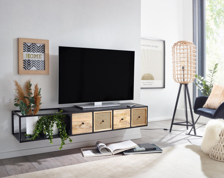 Lowboard Hängend Mango Massivholz/Metall_ TV-Schrank_ Schubladen &amp;amp; Rattan-Fronten - KADIMA DESIGN_Größe_ 150x35x25 cm_