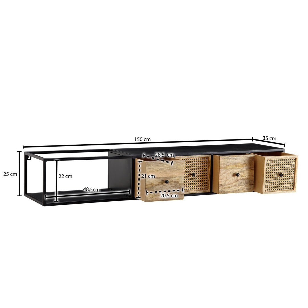 Lowboard Hängend Mango Massivholz/Metall_ TV-Schrank_ Schubladen &amp; Rattan-Fronten - KADIMA DESIGN_Größe_ 150x35x25 cm_