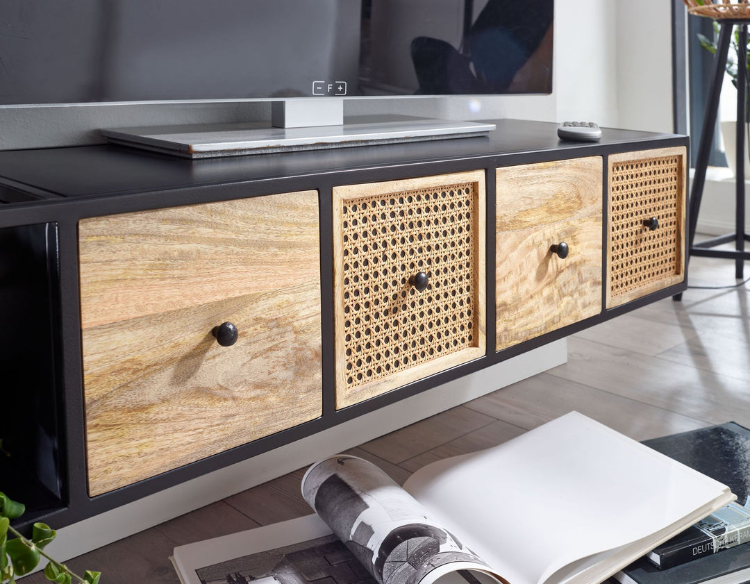 Lowboard Hängend Mango Massivholz/Metall_ TV-Schrank_ Schubladen &amp; Rattan-Fronten - KADIMA DESIGN_Größe_ 150x35x25 cm_