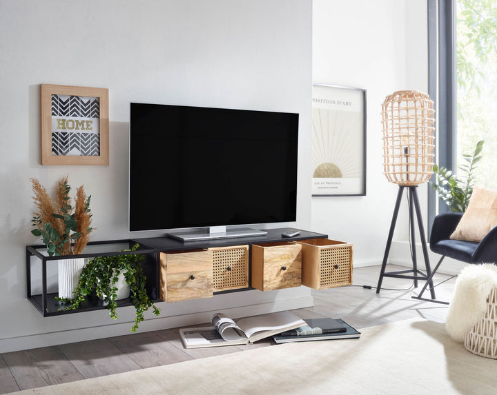 Lowboard Hängend Mango Massivholz/Metall_ TV-Schrank_ Schubladen &amp;amp; Rattan-Fronten - KADIMA DESIGN_Größe_ 150x35x25 cm_