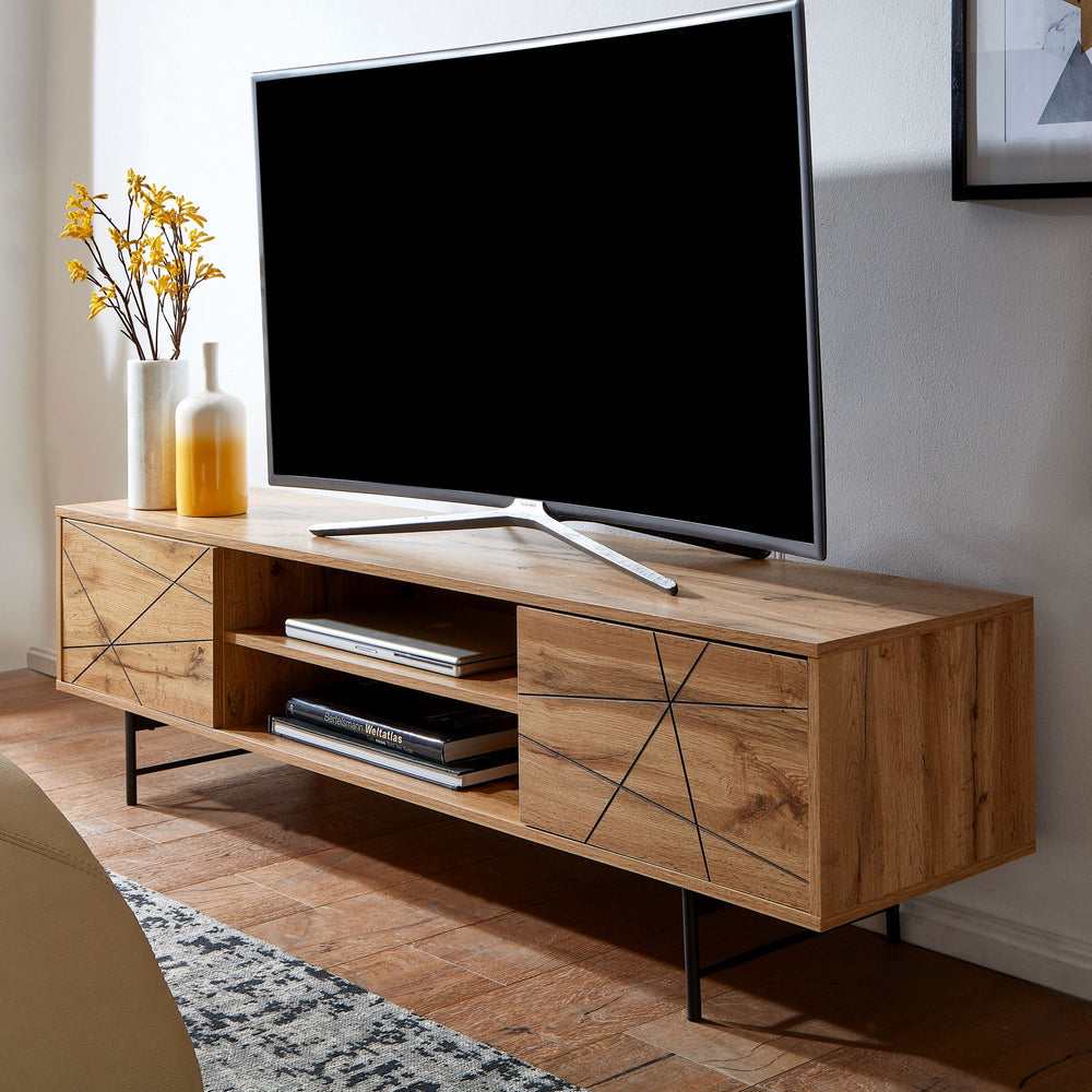 Eiche TV-Unterschrank_ Modernes Linienmuster_ 160cm Breit_ Robuste Materialien - KADIMA DESIGN_Größe_ 160x40x45 cm_