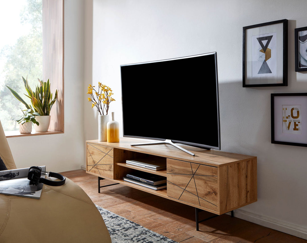 Eiche TV-Unterschrank_ Modernes Linienmuster_ 160cm Breit_ Robuste Materialien - KADIMA DESIGN_Größe_ 160x40x45 cm_