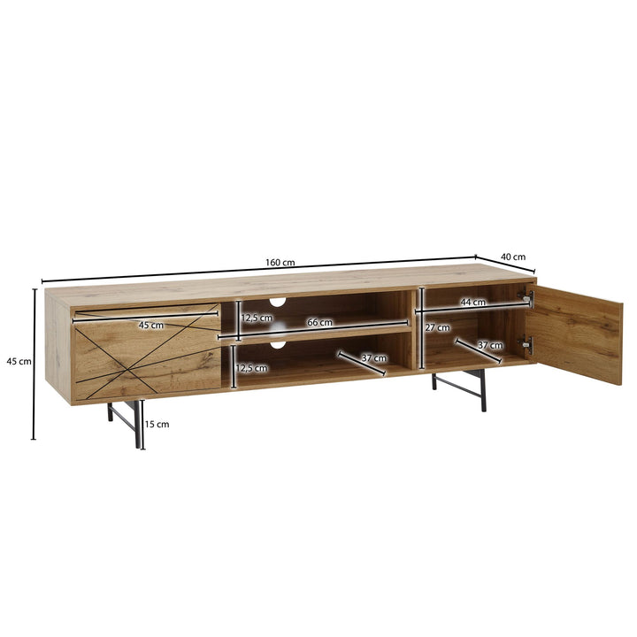 Eiche TV-Unterschrank_ Modernes Linienmuster_ 160cm Breit_ Robuste Materialien - KADIMA DESIGN_Größe_ 160x40x45 cm_