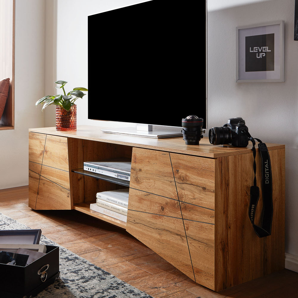 TV-Lowboard Holz Eiche-Dekor_ Platz für 70-Zoll TV_ Eichenoptik und Glas - KADIMA DESIGN_Größe_ 160x40x50 cm_