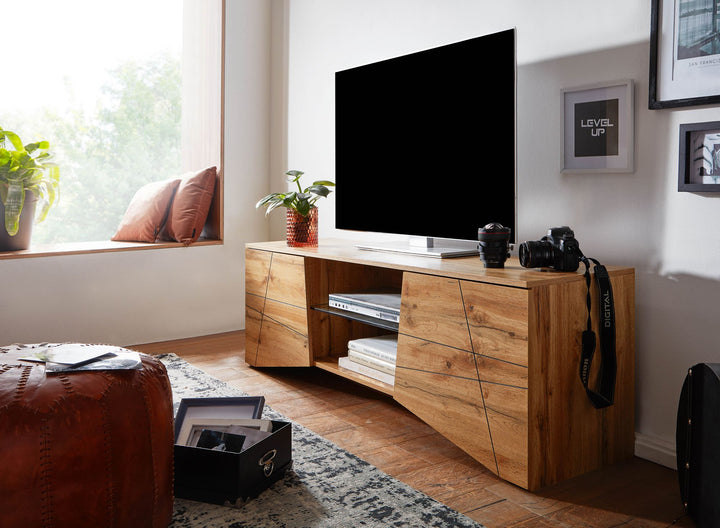 TV-Lowboard Holz Eiche-Dekor_ Platz für 70-Zoll TV_ Eichenoptik und Glas - KADIMA DESIGN_Größe_ 160x40x50 cm_