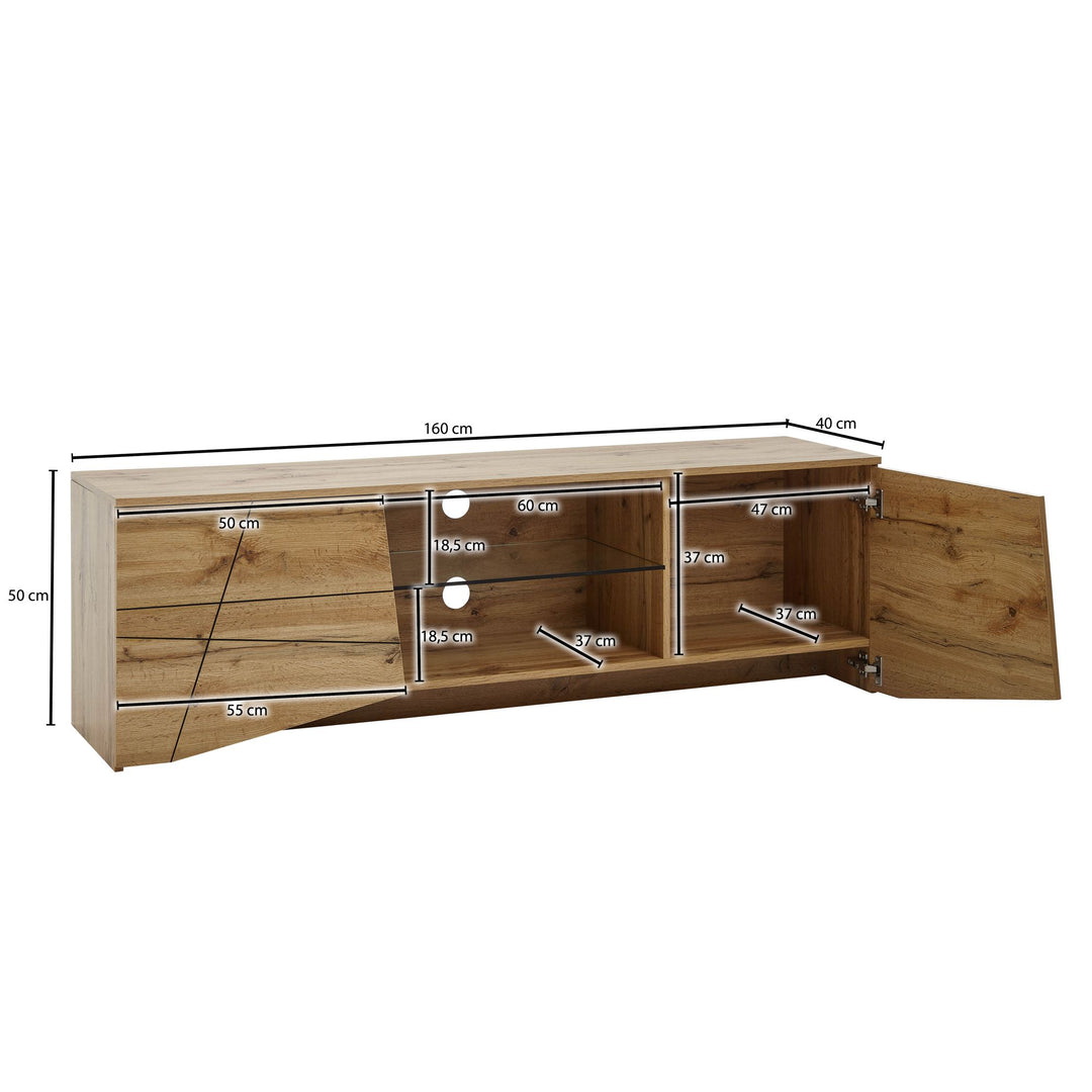 TV-Lowboard Holz Eiche-Dekor_ Platz für 70-Zoll TV_ Eichenoptik und Glas - KADIMA DESIGN_Größe_ 160x40x50 cm_