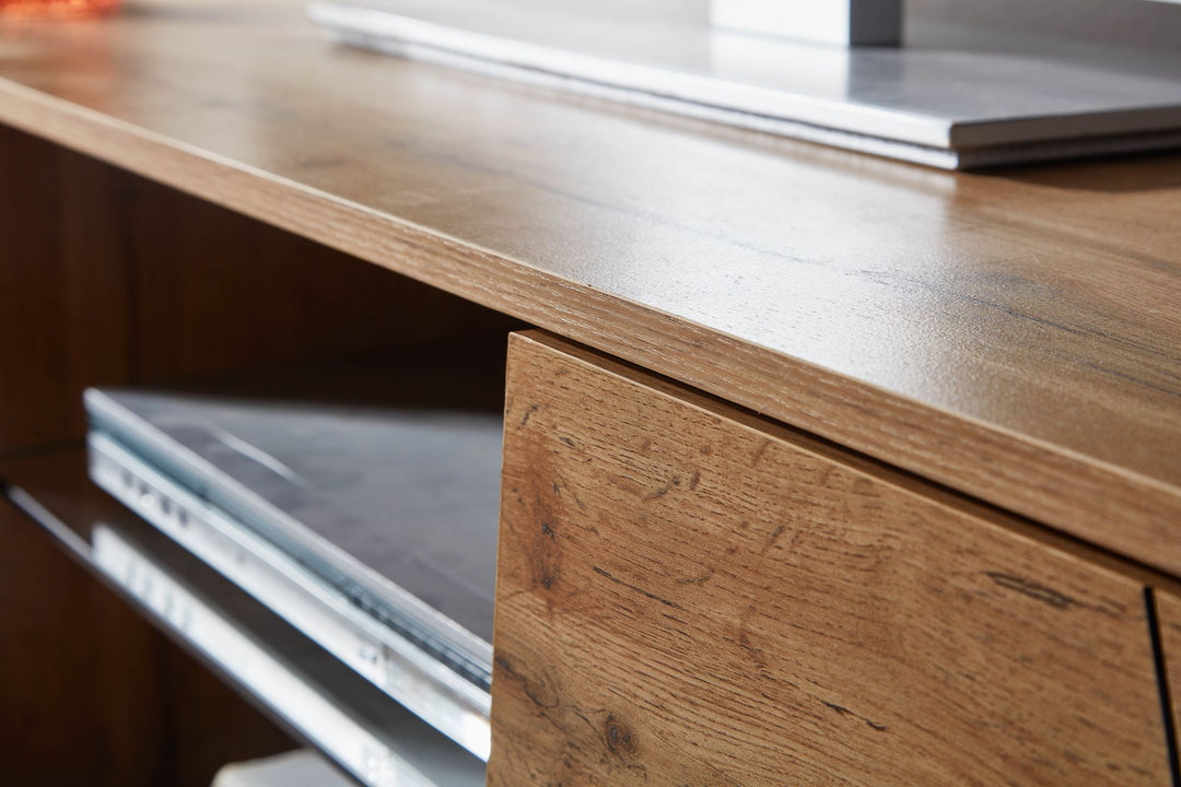 TV-Lowboard Holz Eiche-Dekor_ Platz für 70-Zoll TV_ Eichenoptik und Glas - KADIMA DESIGN_Größe_ 160x40x50 cm_