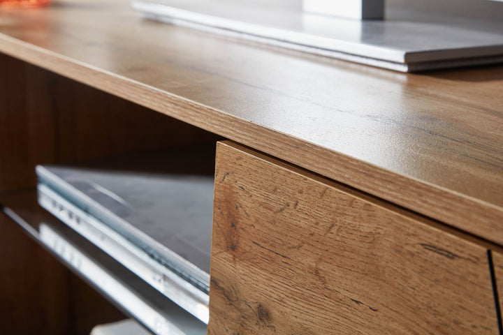 TV-Lowboard Holz Eiche-Dekor_ Platz für 70-Zoll TV_ Eichenoptik und Glas - KADIMA DESIGN_Größe_ 160x40x50 cm_