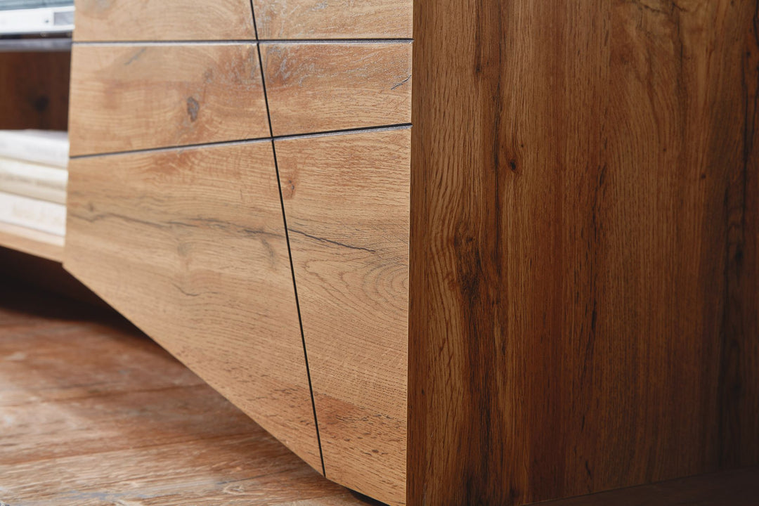 TV-Lowboard Holz Eiche-Dekor_ Platz für 70-Zoll TV_ Eichenoptik und Glas - KADIMA DESIGN_Größe_ 160x40x50 cm_