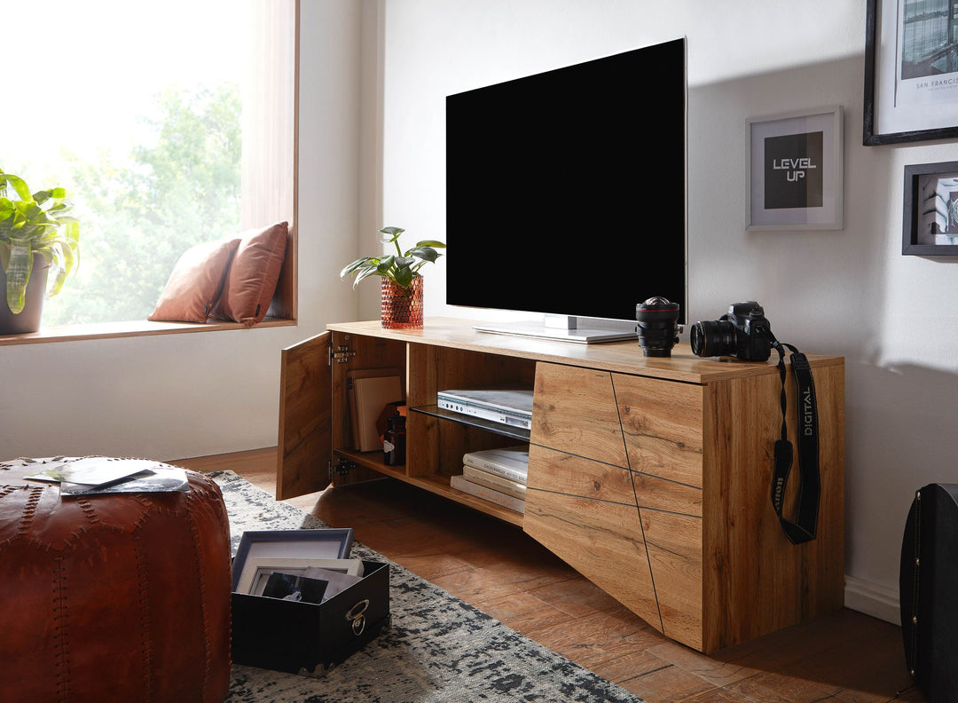 TV-Lowboard Holz Eiche-Dekor_ Platz für 70-Zoll TV_ Eichenoptik und Glas - KADIMA DESIGN_Größe_ 160x40x50 cm_