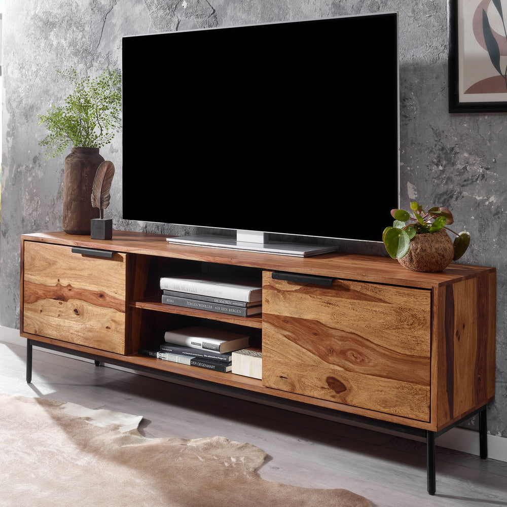 TV-Kommode für 60 Zoll Fernseher_ Sheesham Massivholz_ offene Ablagefächer_ Anti-Rutsch-Noppen - KADIMA DESIGN_Größe_ 147x38x51 cm_