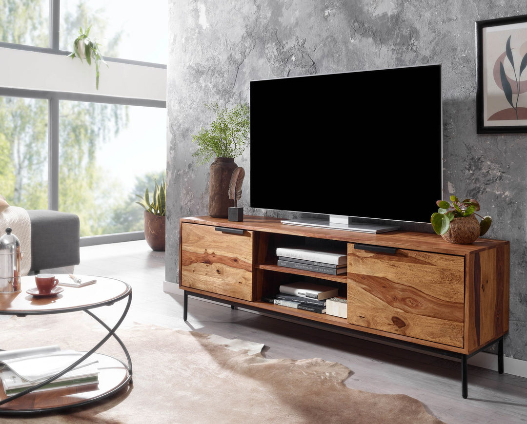 TV-Kommode für 60 Zoll Fernseher_ Sheesham Massivholz_ offene Ablagefächer_ Anti-Rutsch-Noppen - KADIMA DESIGN_Größe_ 147x38x51 cm_