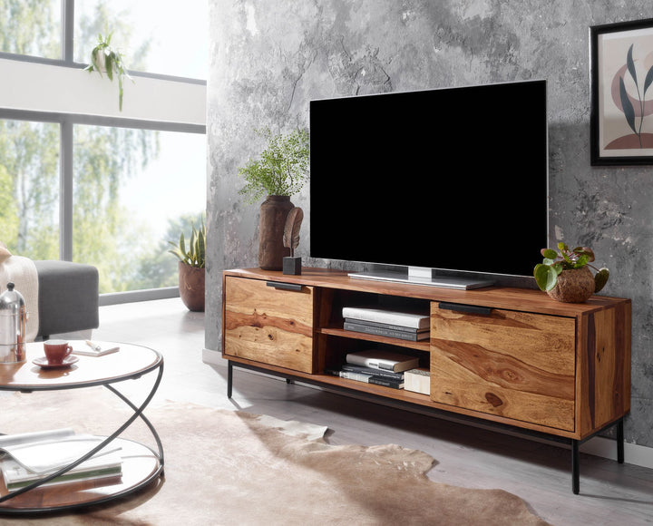 TV-Kommode für 60 Zoll Fernseher_ Sheesham Massivholz_ offene Ablagefächer_ Anti-Rutsch-Noppen - KADIMA DESIGN_Größe_ 147x38x51 cm_