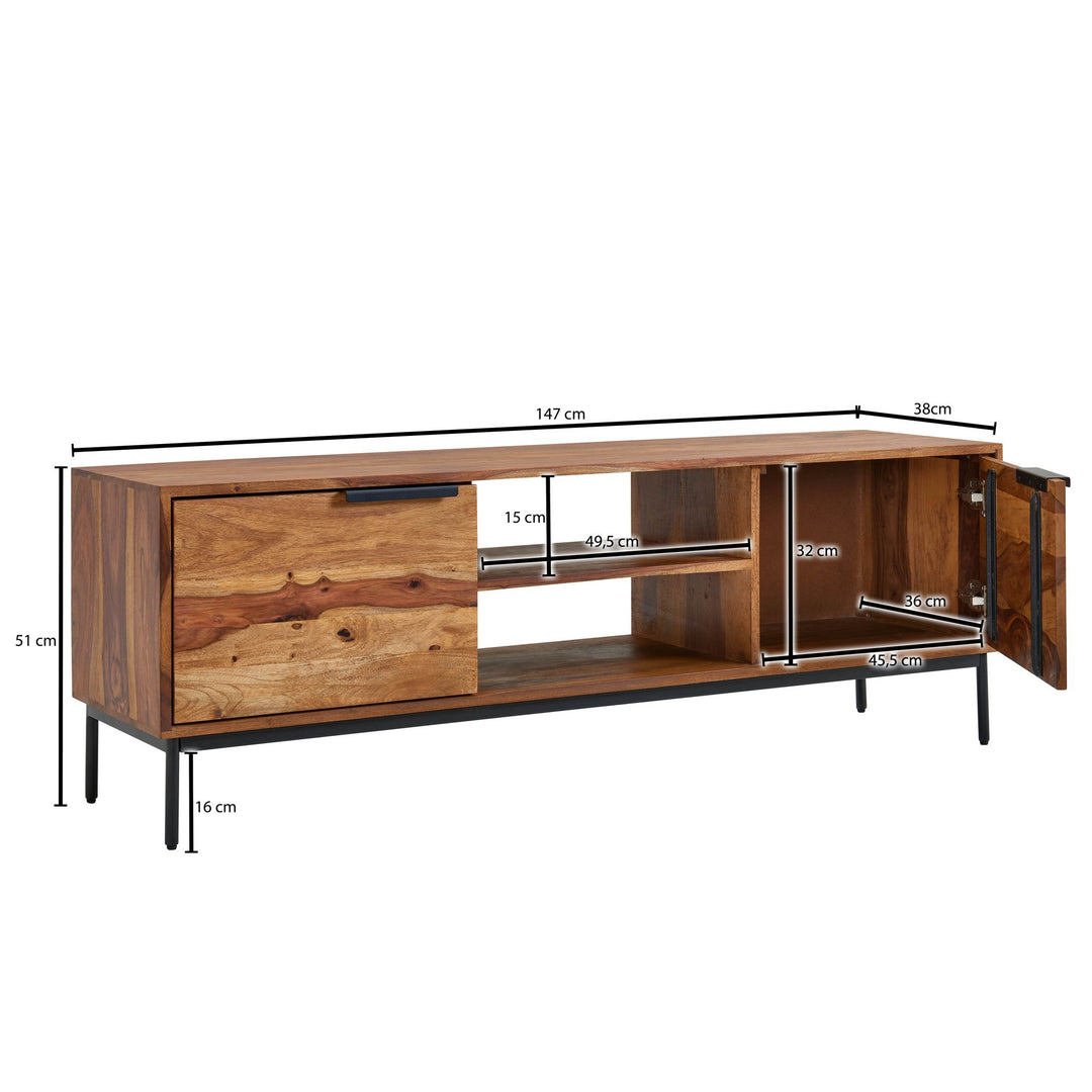 TV-Kommode für 60 Zoll Fernseher_ Sheesham Massivholz_ offene Ablagefächer_ Anti-Rutsch-Noppen - KADIMA DESIGN_Größe_ 147x38x51 cm_