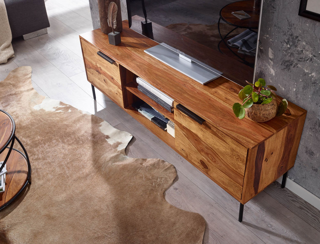 TV-Kommode für 60 Zoll Fernseher_ Sheesham Massivholz_ offene Ablagefächer_ Anti-Rutsch-Noppen - KADIMA DESIGN_Größe_ 147x38x51 cm_