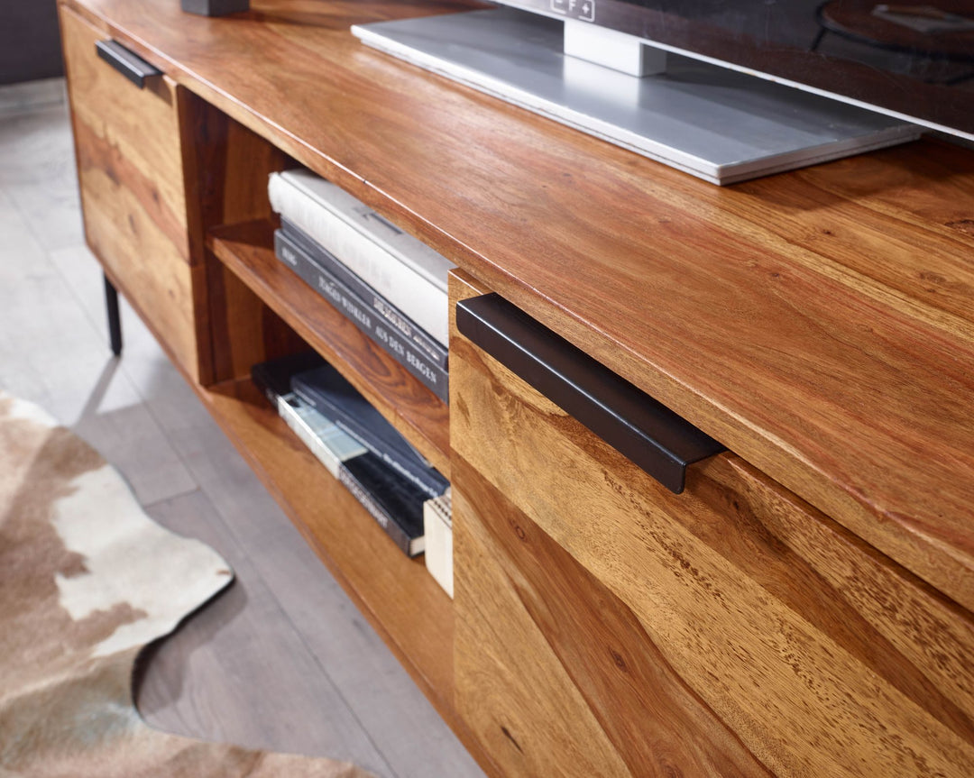 TV-Kommode für 60 Zoll Fernseher_ Sheesham Massivholz_ offene Ablagefächer_ Anti-Rutsch-Noppen - KADIMA DESIGN_Größe_ 147x38x51 cm_