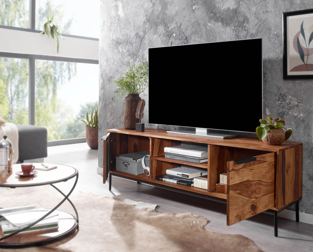 TV-Kommode für 60 Zoll Fernseher_ Sheesham Massivholz_ offene Ablagefächer_ Anti-Rutsch-Noppen - KADIMA DESIGN_Größe_ 147x38x51 cm_