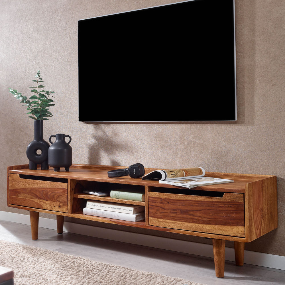 Massivholz-Lowboard für 60-Zoll TV_ Sheesham_ Stauraum_ Schutzlackversiegelung - KADIMA DESIGN_Größe_ 145x35x43 cm_