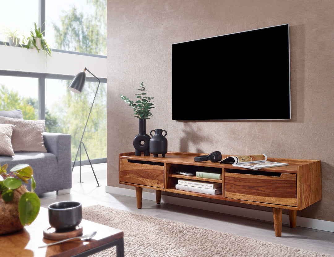 Massivholz-Lowboard für 60-Zoll TV_ Sheesham_ Stauraum_ Schutzlackversiegelung - KADIMA DESIGN_Größe_ 145x35x43 cm_
